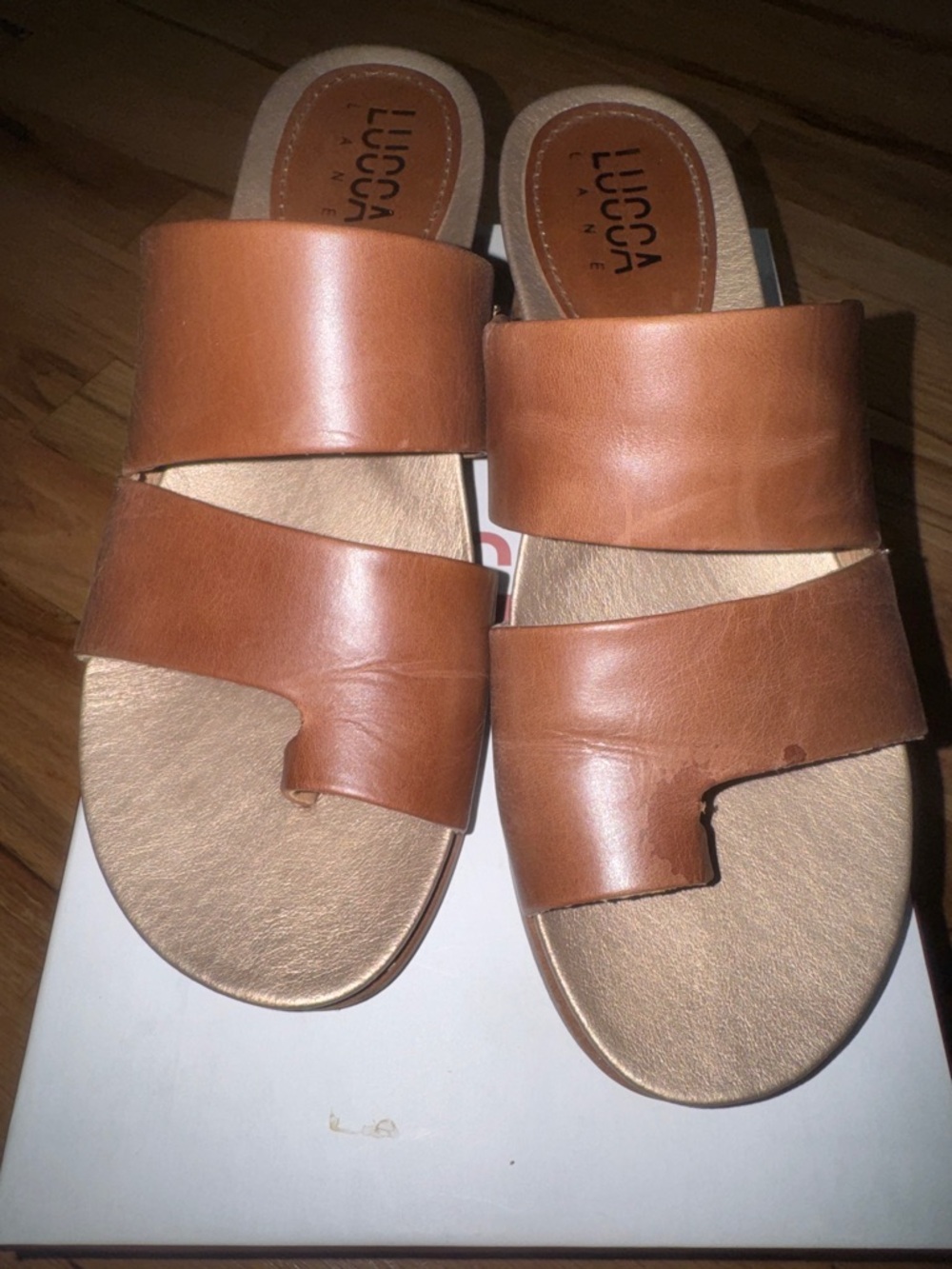 LUCCA LANE Women's Cognac Leather Double-Strap Slide Sandals